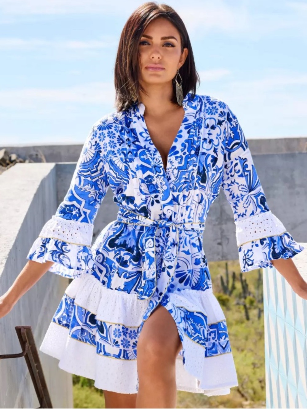 Boston Proper Chic Tiles Print Eyelet-Inset Tiered A-Line Dress in Size US 8